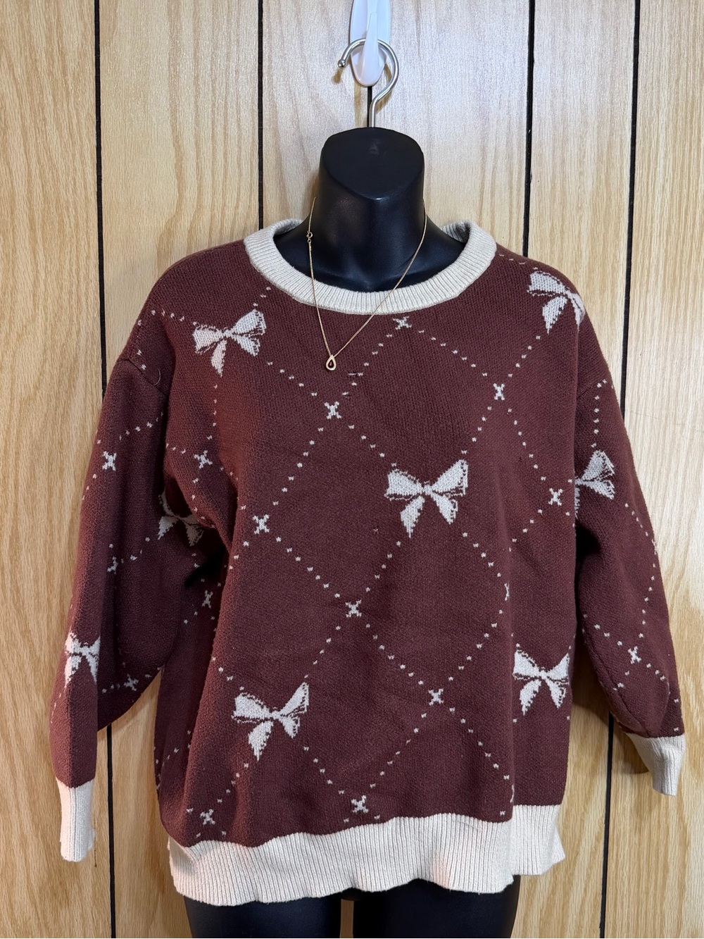 She + Sky Brown Sweater with Cream Bow Trim